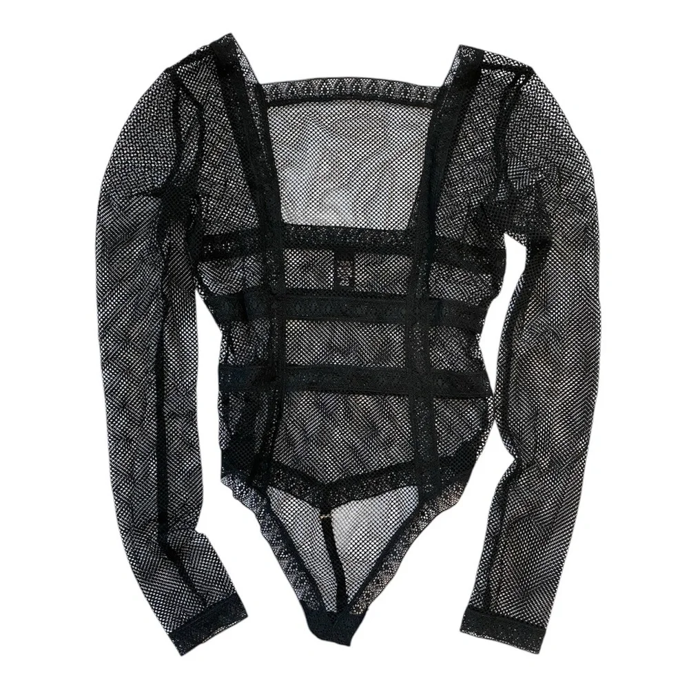 ❌SOLD🏷️Victoria’s Secret Mesh Fishnet One Piece Long Sleeve Black Bodysuit - Picture 3 of 6